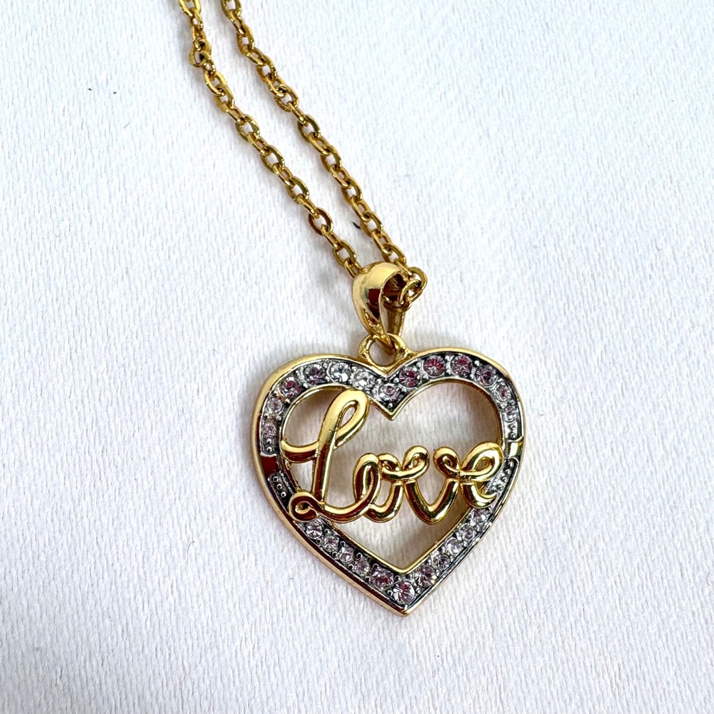 Heart Love Necklace Gold plated over 925 Sterling Silver CZ Script Pendant